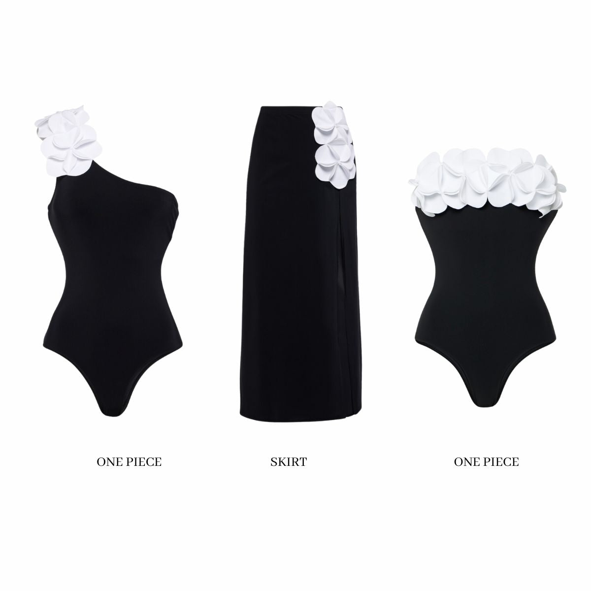 Oblique Shoulder 3D Flower Color Block One Piece Swimsuit And Skirt