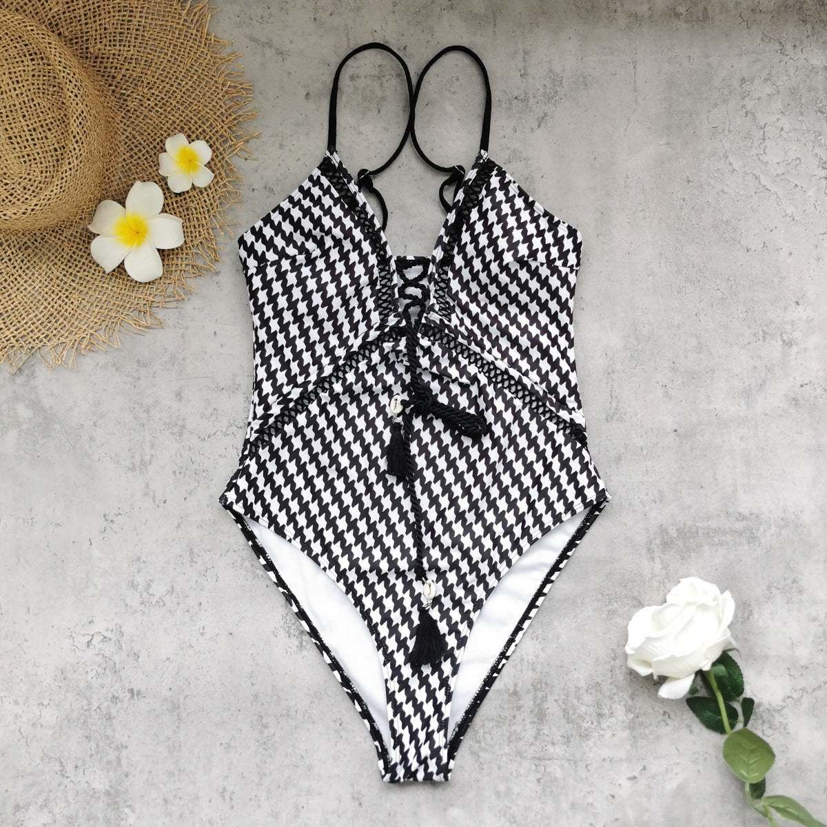 V Neck Plaid Print Swimsuit
