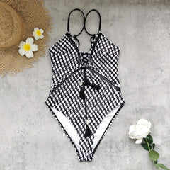 V Neck Plaid Print Swimsuit