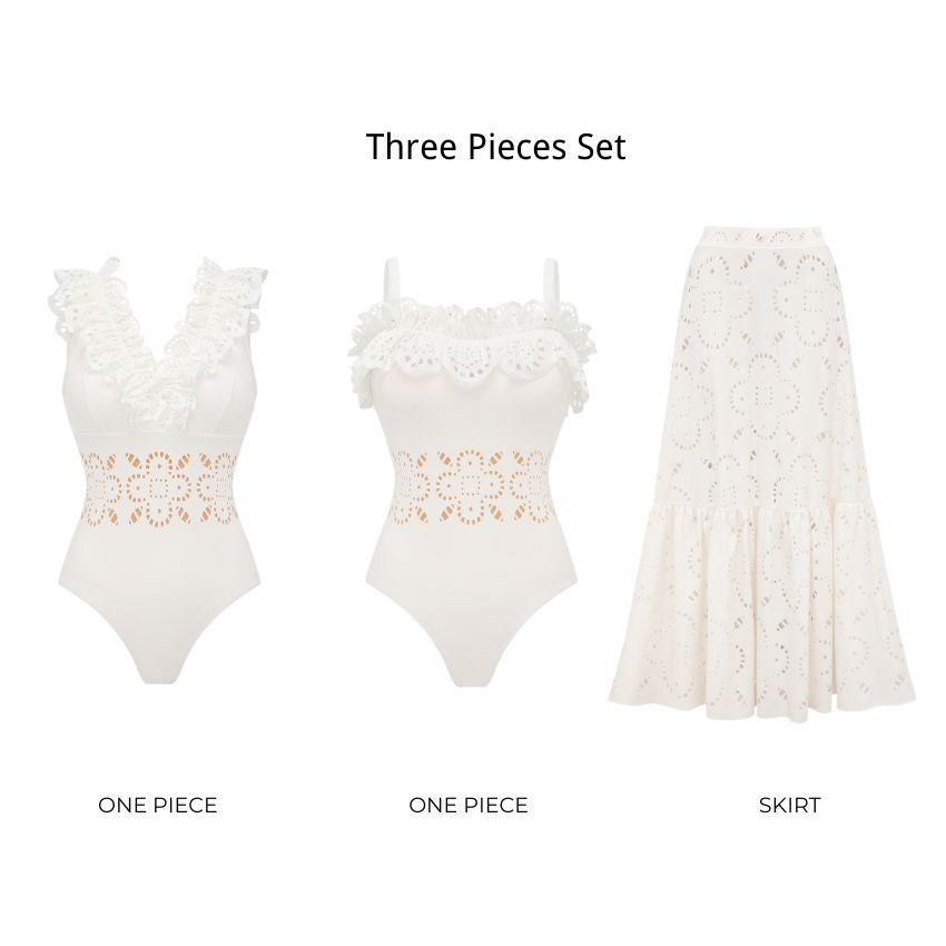 Ruffle White Laser Cutting Flower Hollow Swimsuit Set(s)