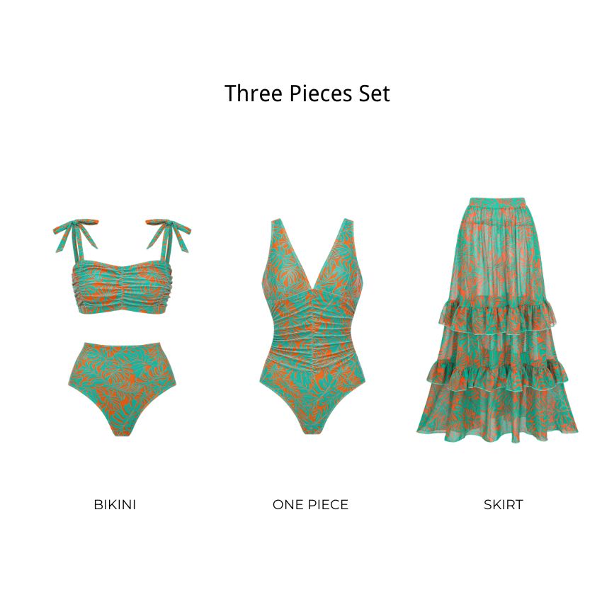 Bandage Bowknot Design Color Block Printed Swimsuit Set(s)