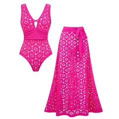 Plus Size Laser Hollow Out One Piece Swimsuit and Skirt