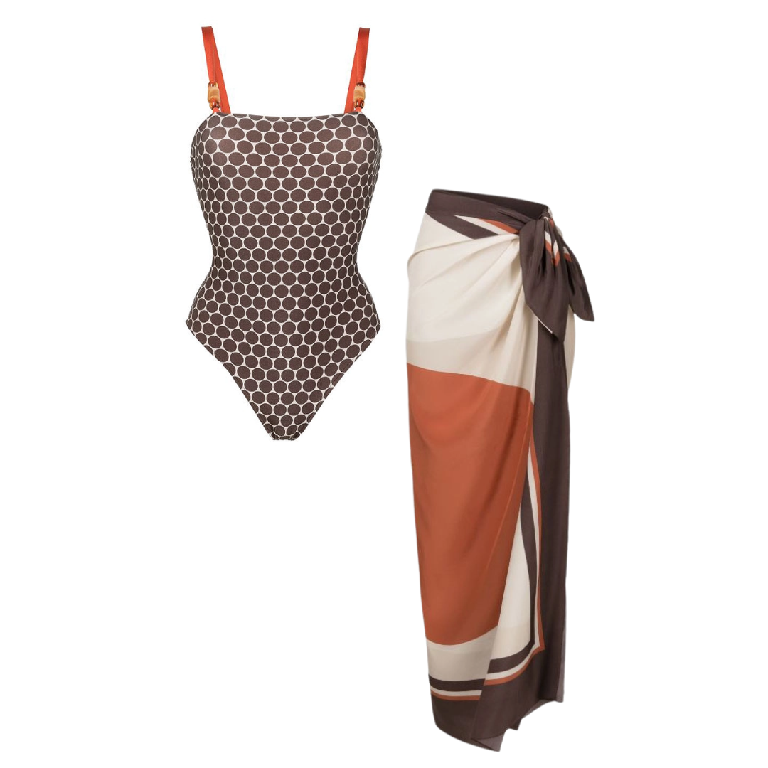 Reversible Graphic Printed Beaded One Piece Swimsuit and Sarong Flaxmaker