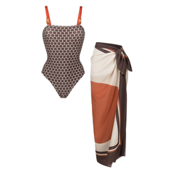 Plus Size Reversible Graphic Printed Beaded One Piece Swimsuit and Sarong Flaxmaker