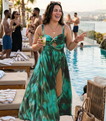 Plus Size Green Printed Pleated Swimsuit & Skirt Set