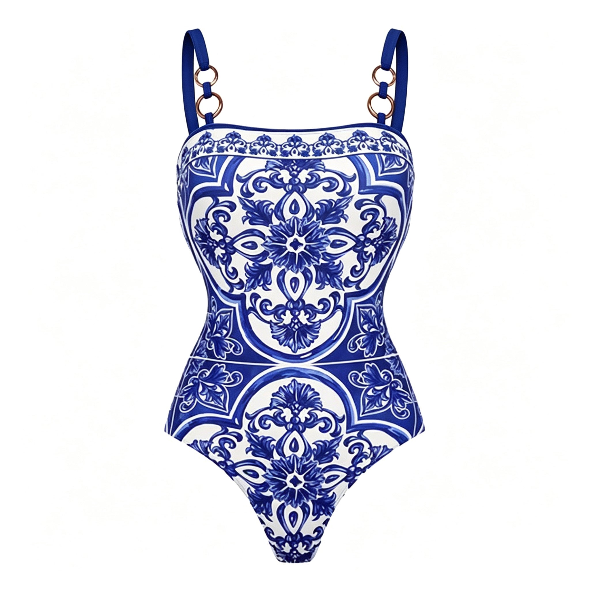 Plus Size Sling Classic Majolica Series Pattern Print One Piece Swimsuit and Skirt or Shorts