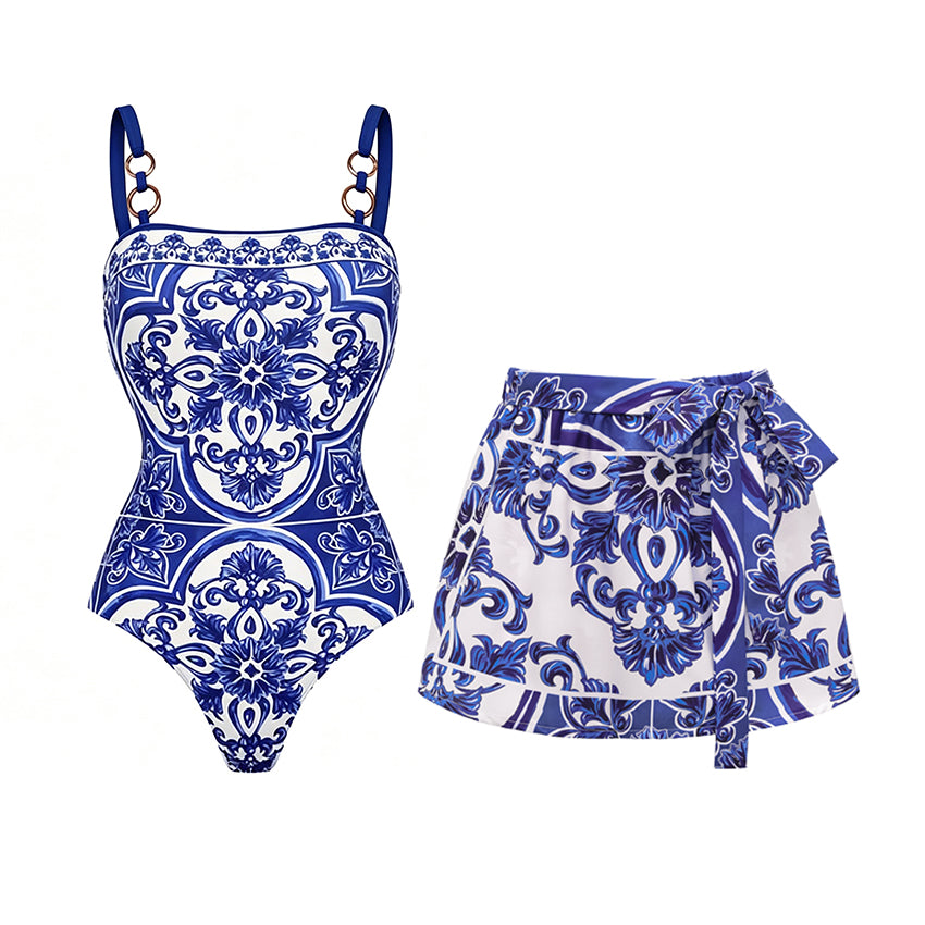 Plus Size Sling Classic Majolica Series Pattern Print One Piece Swimsuit and Skirt or Shorts