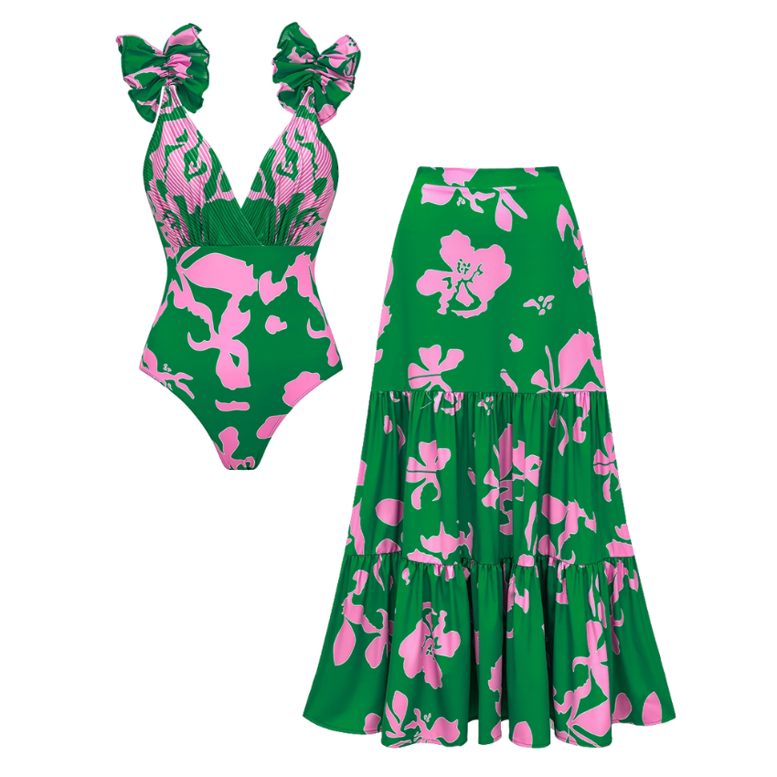Plus Size Ruffled Strap Printed One Piece Swimsuit and Skirt Flaxmaker