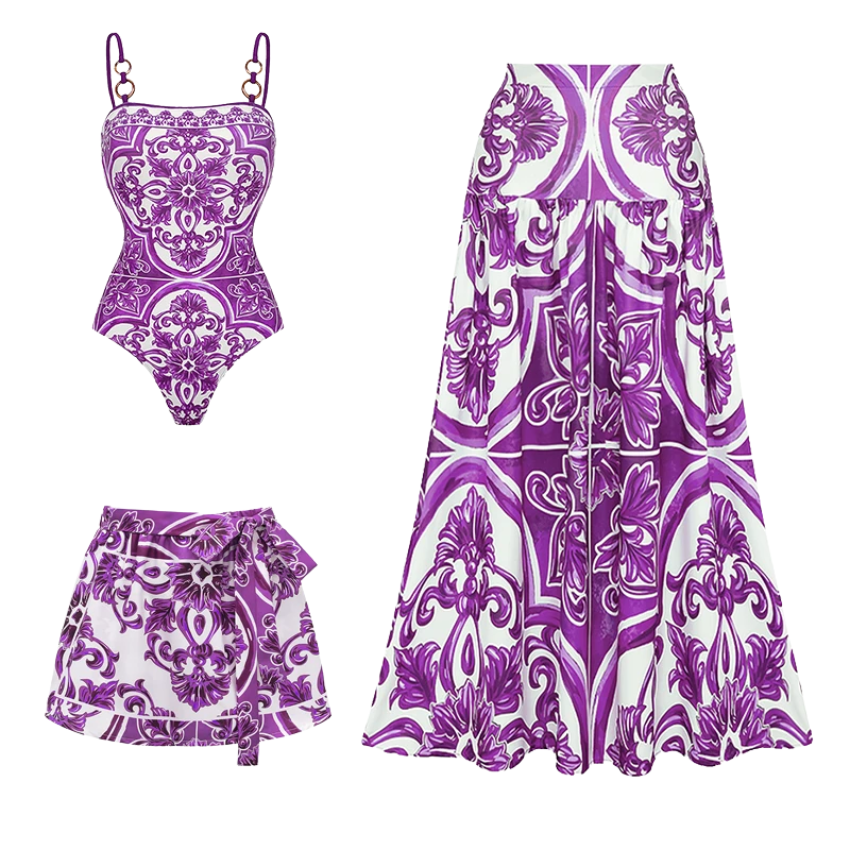 Plus Size Sling Classic Majolica Series Pattern Print One Piece Swimsuit and Skirt or Shorts