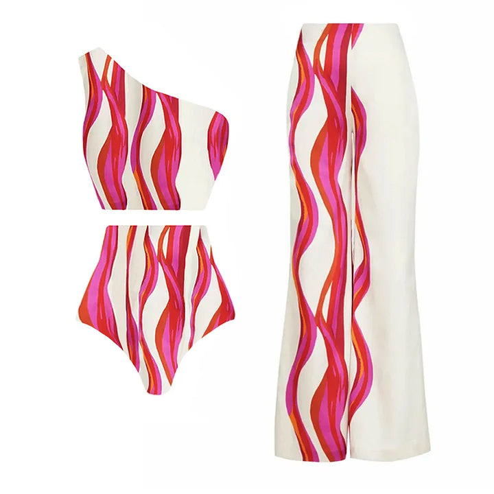 One Shoulder Printed Bikini Swimsuit and Pants Flaxmaker