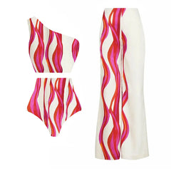 One Shoulder Printed Bikini Swimsuit and Pants Flaxmaker