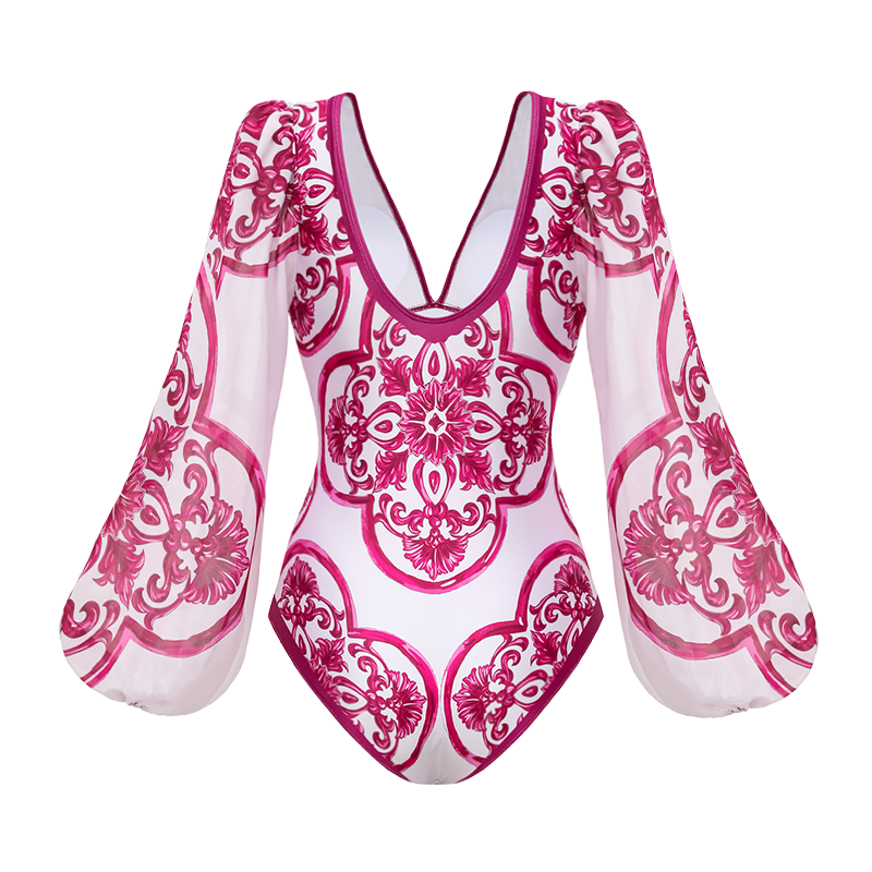 Long-Sleeved Classic Majolica Series Pattern Print One Piece Swimsuit and Skirt or Shorts