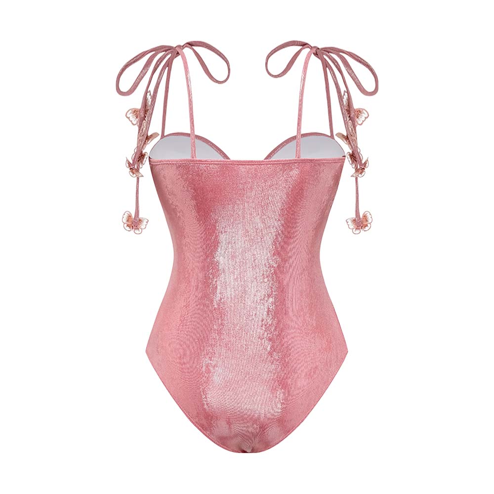 Plus Size Pink Shiny Embroidered Butterfly One Piece Swimsuit and Split Skirt