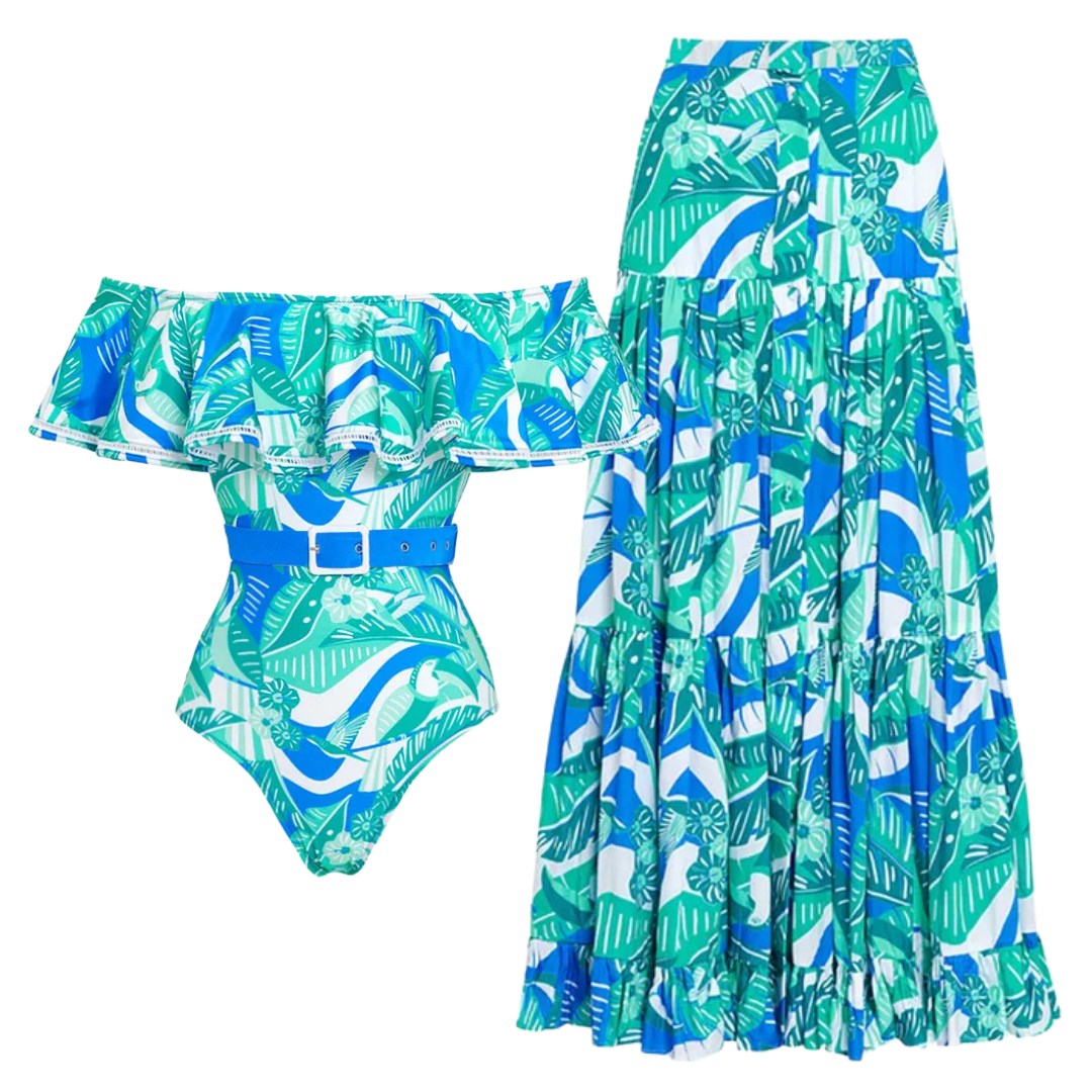 Plus Size Off Shoulder Ruffled Printed One Piece Swimsuit and Skirt
