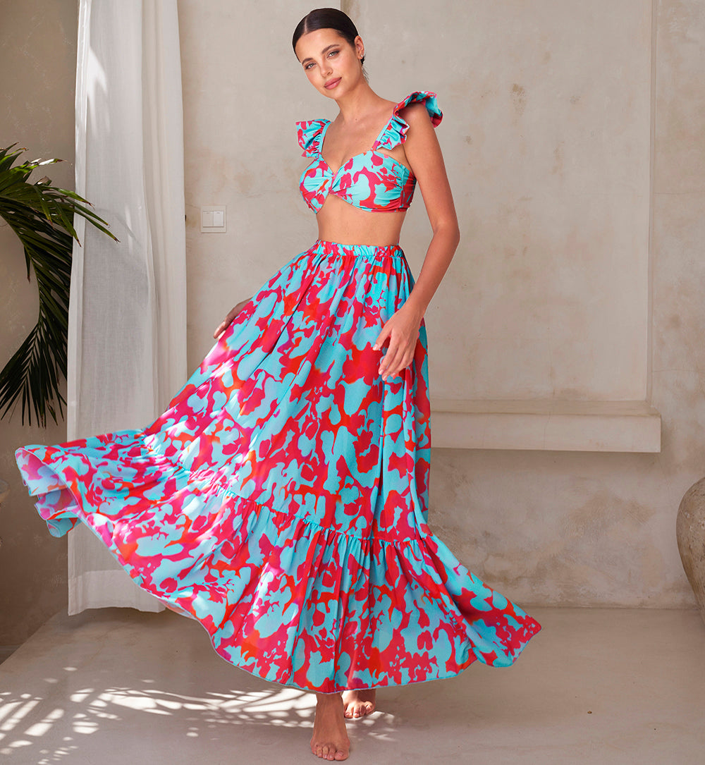 Plus Size Printed Ruffle Bikini Swimsuit and Skirt