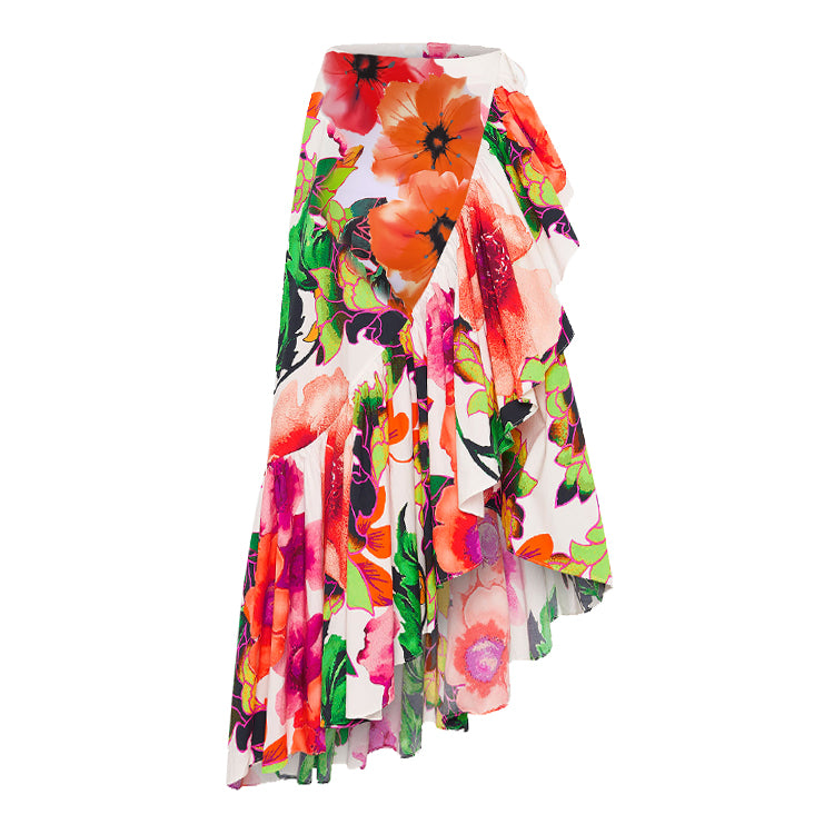 Ruffled Floral Print One Piece Swimsuit and Skirt Flaxmaker