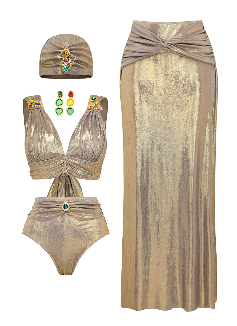 Plus Size Stone Decoration Shiny Bikini Swimsuit and Skirt