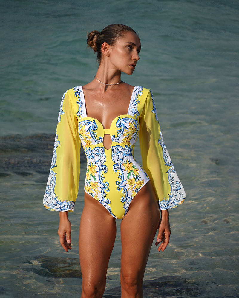 Plus Size Printed Sicily Long Sleeved One Piece Swimsuit and Skirt