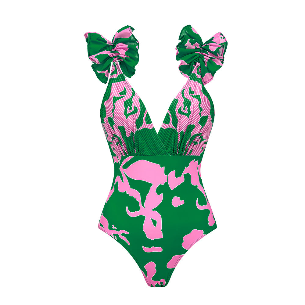 Ruffled Strap Printed One Piece Swimsuit and Skirt Flaxmaker