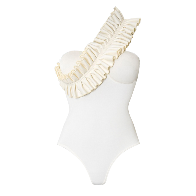 Plus Size One Shoulder Ruffle White One Piece Swimsuit and Skirt Flaxmaker