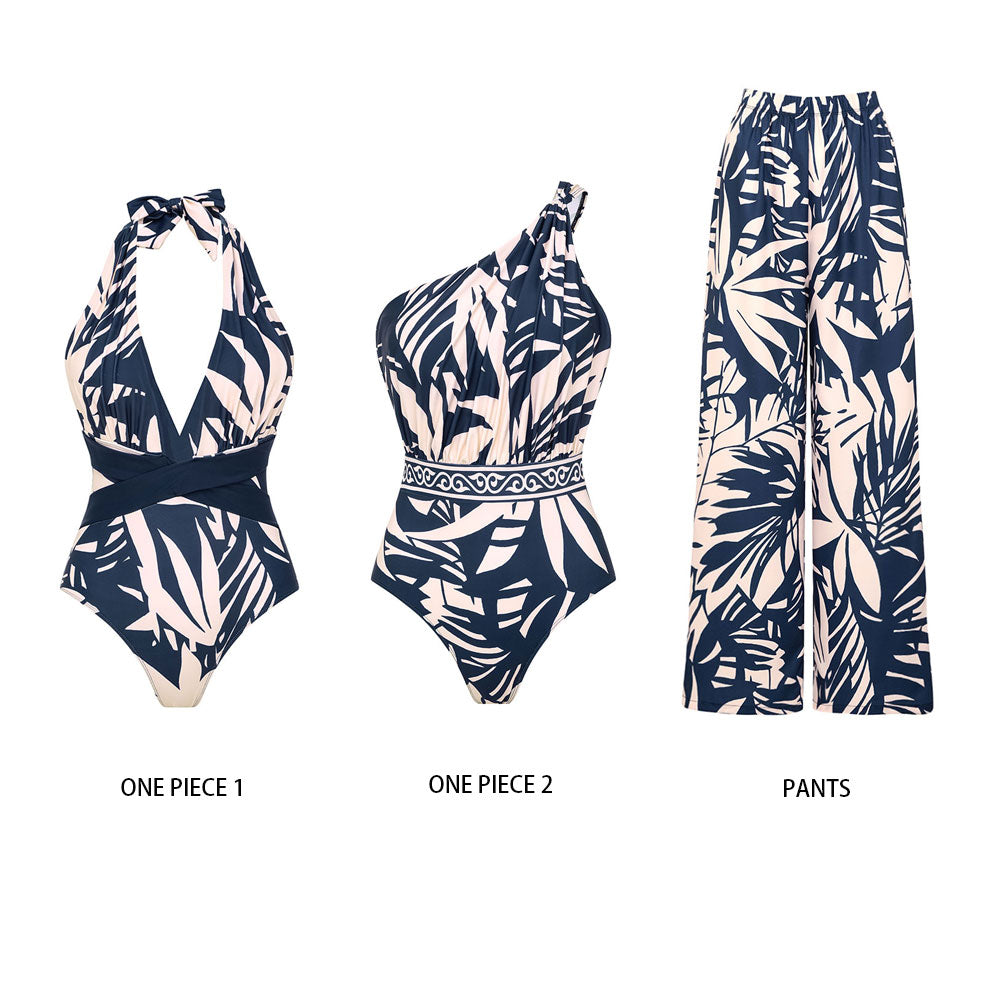 Plus Size V Neck Leaves Print One Piece Swimsuit and Pants/Skirt