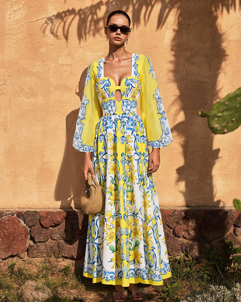 Plus Size Printed Sicily Long Sleeved One Piece Swimsuit and Skirt