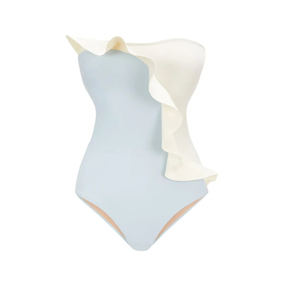Off Shoulder Color Block Ruffle Decor One Piece Swimsuit and Skirt Flaxmaker