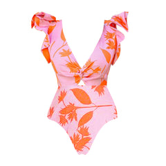 Plus Size V-neck Orange Leaf Printed One Piece Swimsuit and Skirt