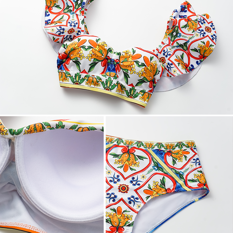 Ruffle Sleeves  Paisley-print  Bikini Swimsuit and Sarong