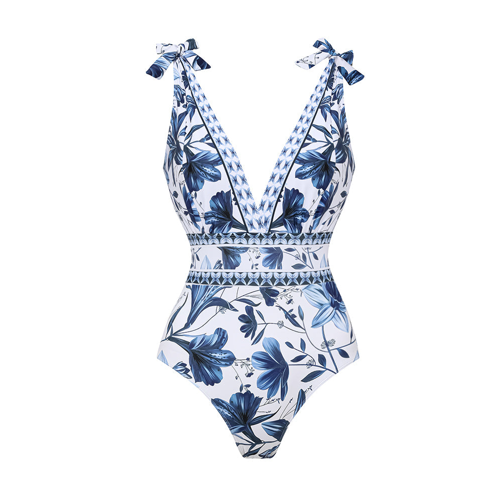 Plus Size V Neck Lace Up Printed One Piece Swimsuit and Skirt