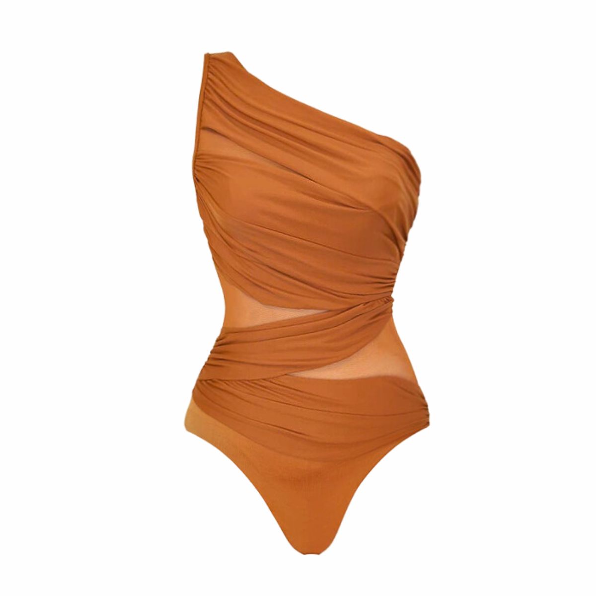 Plus Size One Shoulder Ruched Rust See Through One Piece Swimsuit and Sarong
