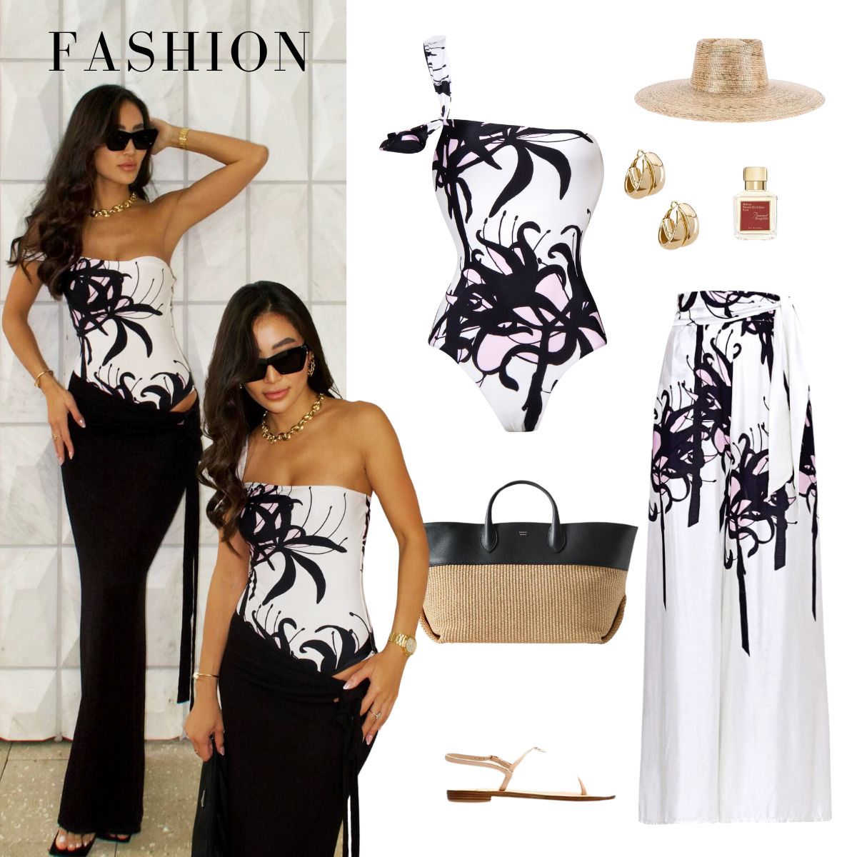 One Shoulder Black and White Blossom Print One Piece Swimsuit and Pants