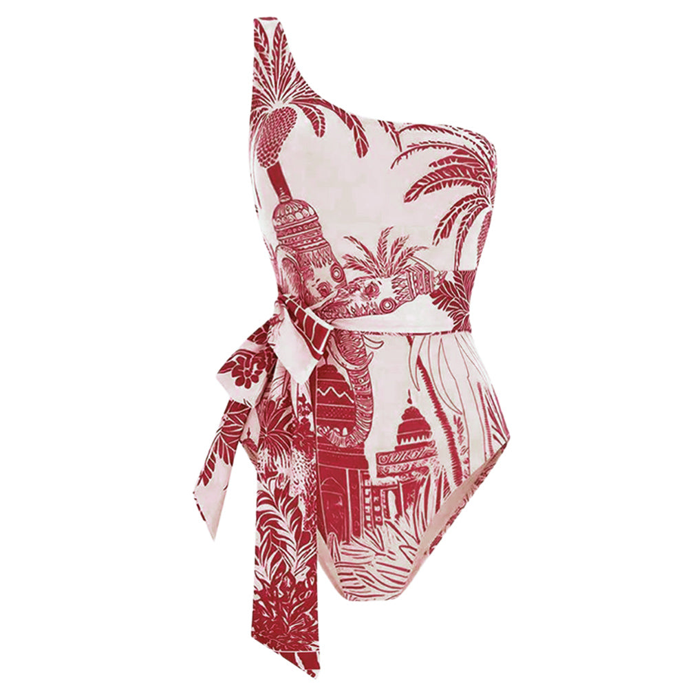 Plus Size One Shoulder Coconut Palm Print One Piece Swimsuit and Sarong