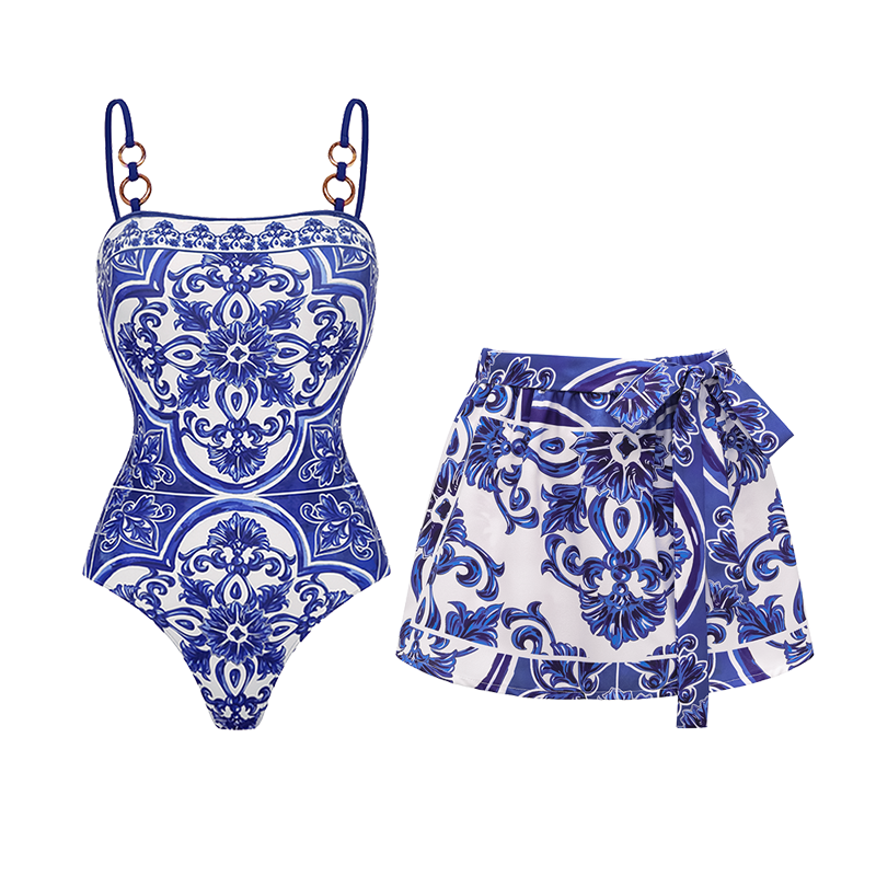 Plus Size Sling Classic Majolica Series Pattern Print One Piece Swimsuit and Skirt or Shorts