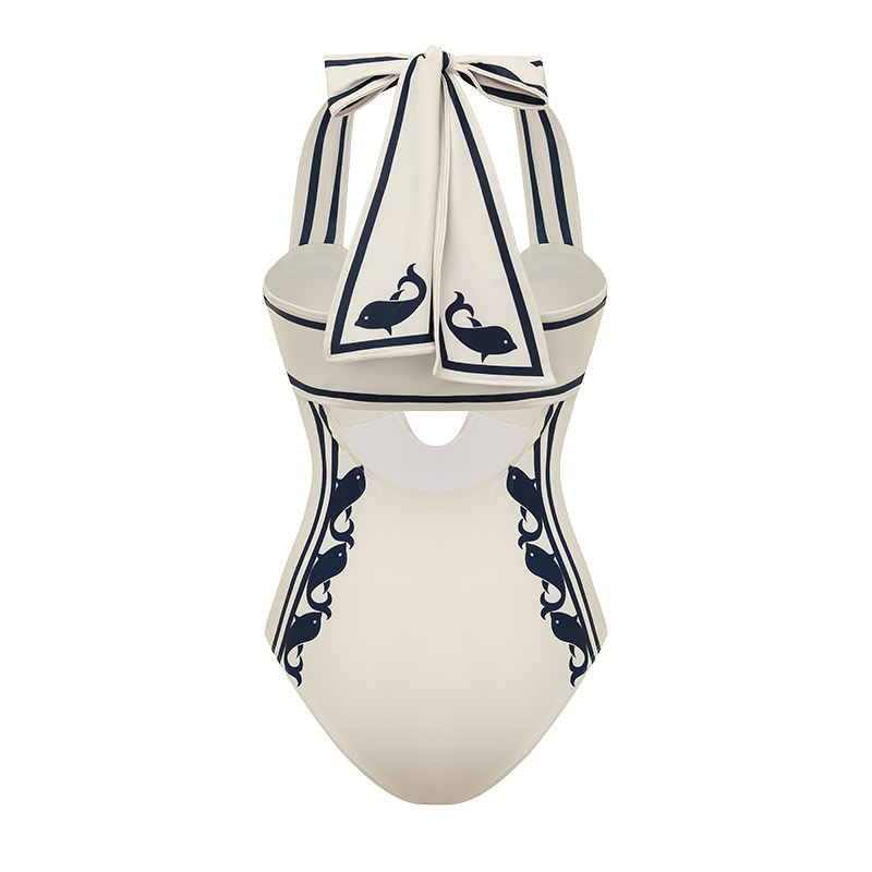 Navy Style Printed Bow Tie Decor One Piece Swimsuit and Skirt