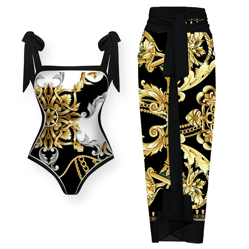 Reversible Tie-shoulder One Piece Swimsuit and Sarong Flaxmaker