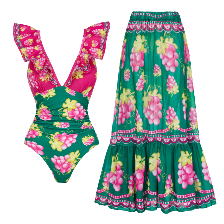 Plus Size Ruffled Deep V Retro Green Grapes Print One Piece Swimsuit and Skirt