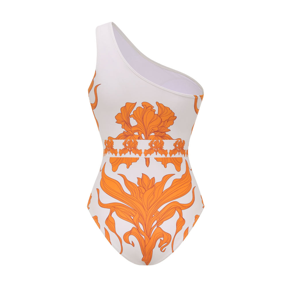 One Shoulder Iris Print One Piece Swimsuit and Pants