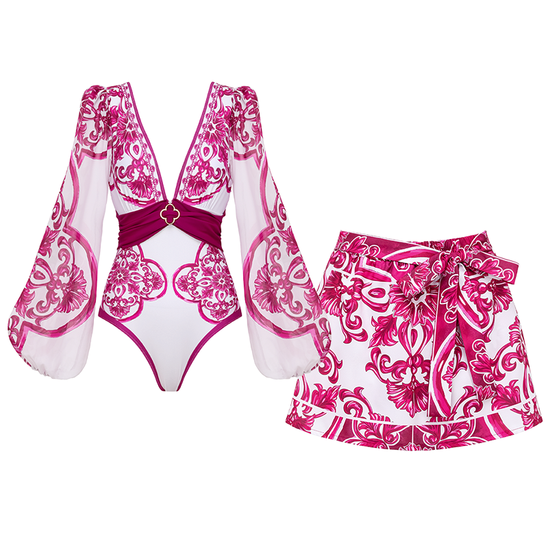 Long-Sleeved Classic Majolica Series Pattern Print One Piece Swimsuit and Skirt or Shorts