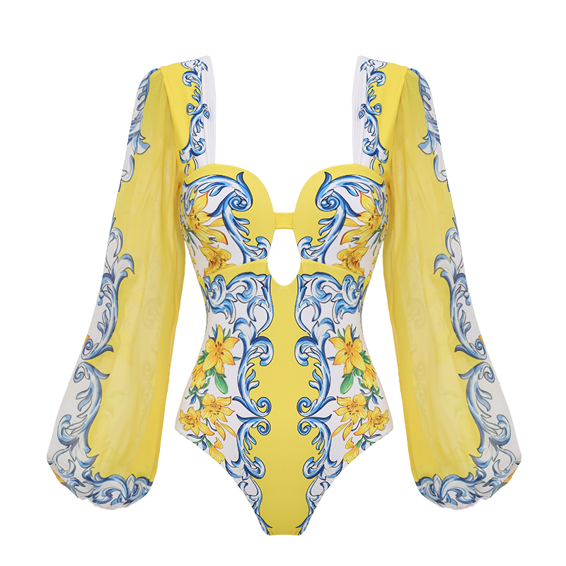 Plus Size Printed Sicily Long Sleeved One Piece Swimsuit and Skirt