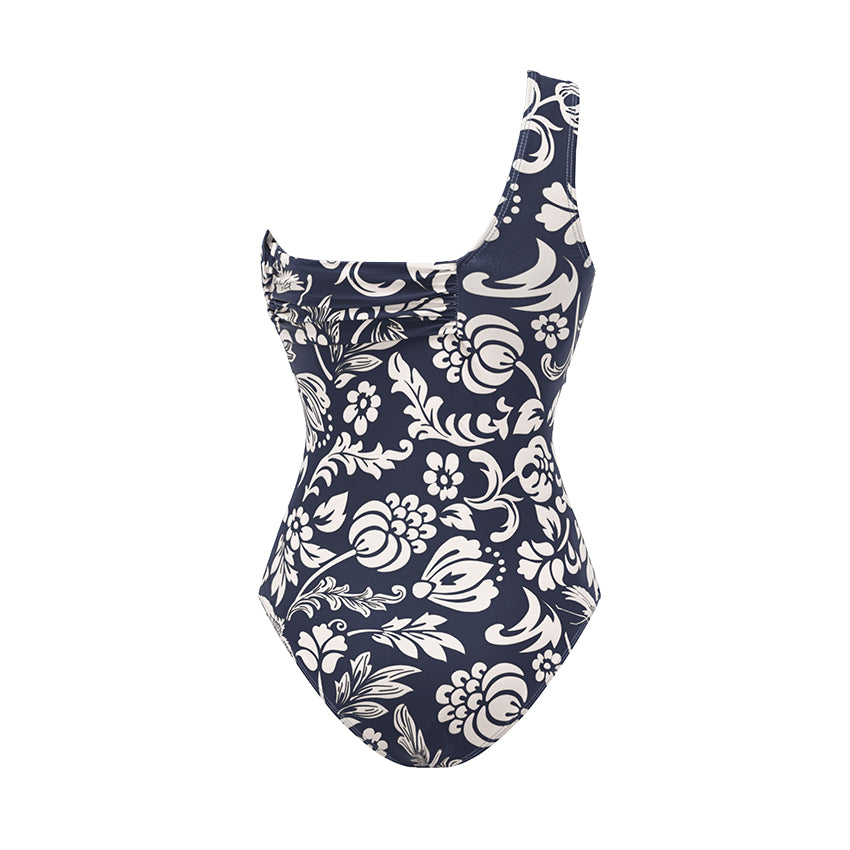Plus Size One Shoulder Ruched Blue Printed Swimsuit Set(s)