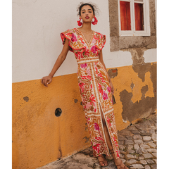 V Neck Retro Printed Backless Dress
