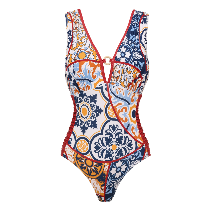 V Nack Printed One Piece Swimsuit and Sarong Flaxmaker