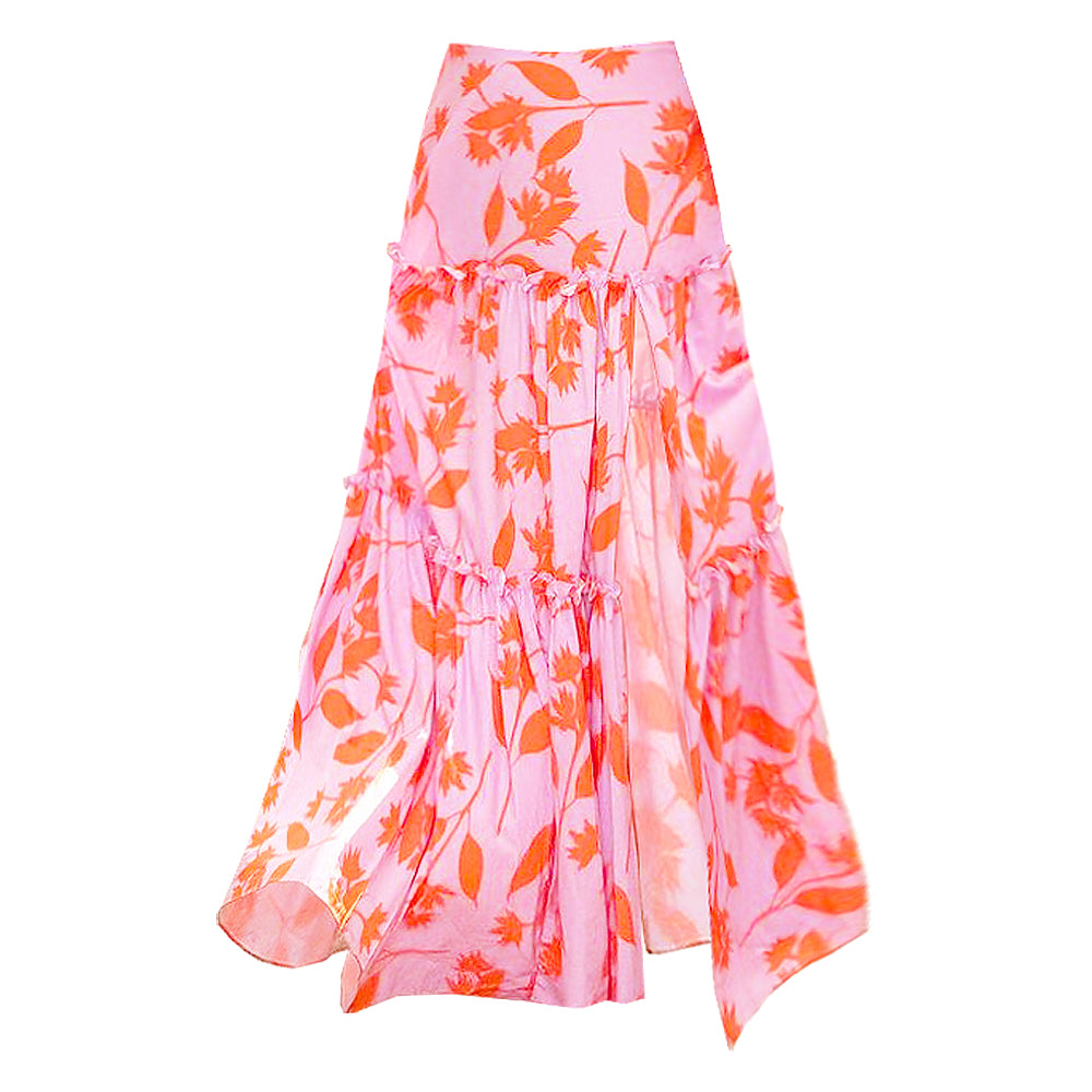 Plus Size V-neck Orange Leaf Printed One Piece Swimsuit and Skirt