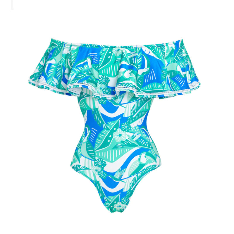 Off Shoulder Ruffled Printed One Piece Swimsuit and Skirt
