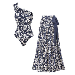 Plus Size One Shoulder Ruched Blue Printed Swimsuit Set(s)