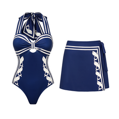 Navy Style Printed Bow Tie Decor One Piece Swimsuit and Skirt