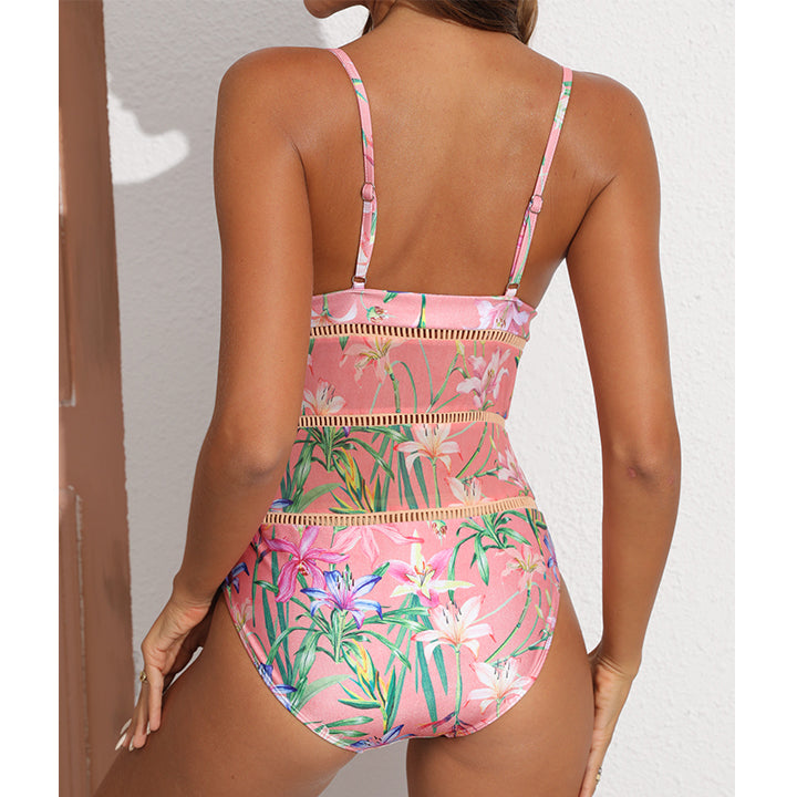 Floral Print One Piece Swimsuit and Mesh Splicing Skirt Flaxmaker