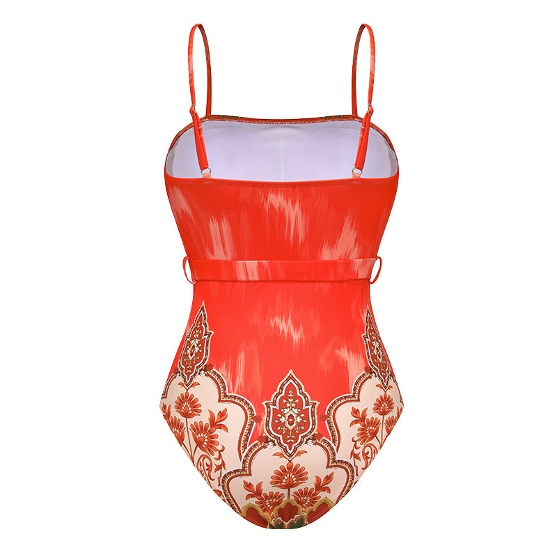 Off Shoulder Coconut Palm Print One Piece Swimsuit With Belt and Skirt