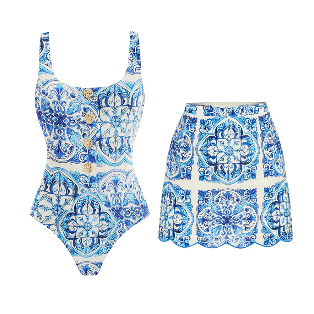 Plus Size Button Decoration Vintage Print One Piece Swimsuit and Skirt